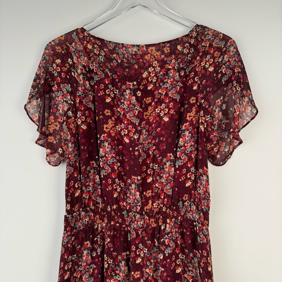 Sundance Dress Midi 100% Silk Floral Burgundy Tulip Sleeve Romantic Boho Size S - Picture 5 of 12
